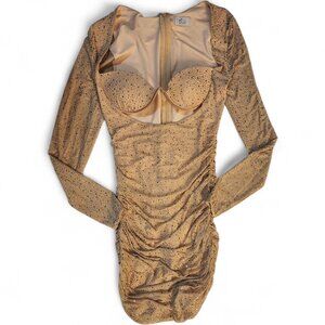 Oh Polly Mini Dress Size 4 Tan Long Sleeve Rhinestone Embellished Scrunch Zipper